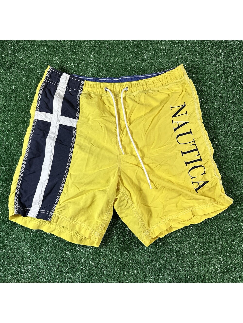 Y2K Nautica Swim Trunks Men Bathing Suit Shorts Size Medium Yellow Drawstrings